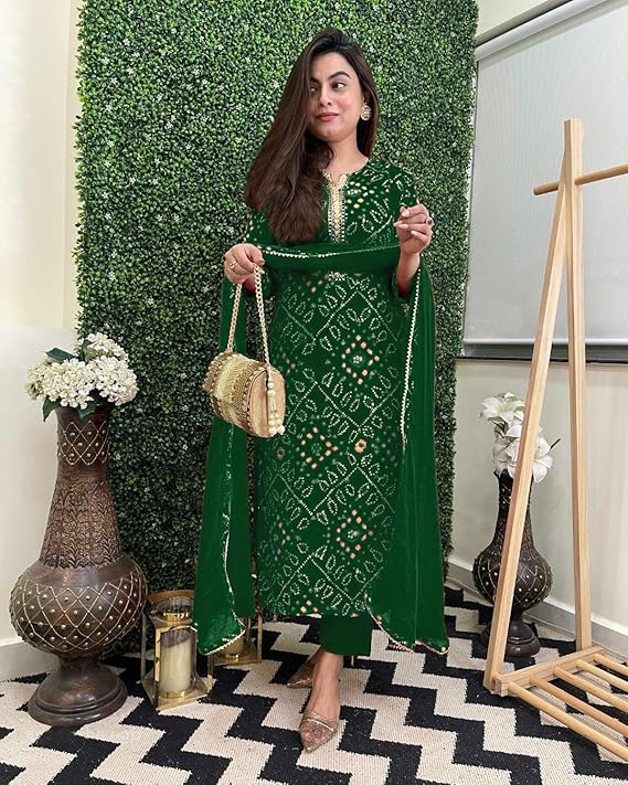 Women's Rayon Viscose Straight Bandhej Printed Kurta with Pant & Dupatta