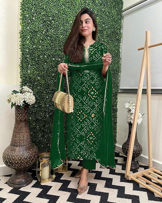 Women's Rayon Viscose Straight Bandhej Printed Kurta with Pant & Dupatta