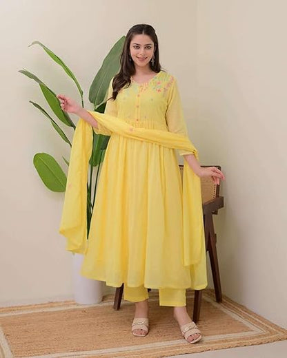 Da GeniusWomen's Cotton Embroidered Anarkali Kurti with Pant and Dupatta Set