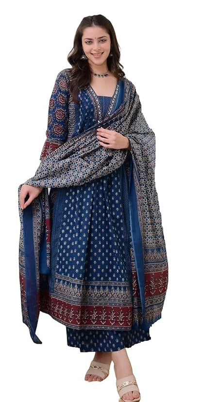 Women's Rayon Printed Anarkali Kurta and Pant with Dupatta Set