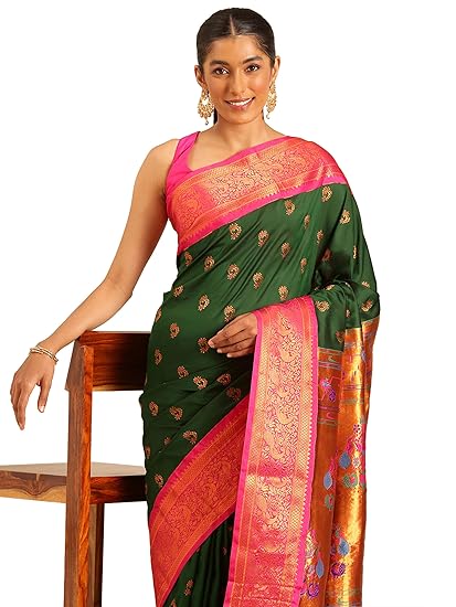 Silk Sarees Women's Kadiyal Soft Silk Pheshwai Nath Paithani Saree With Blouse Piece
