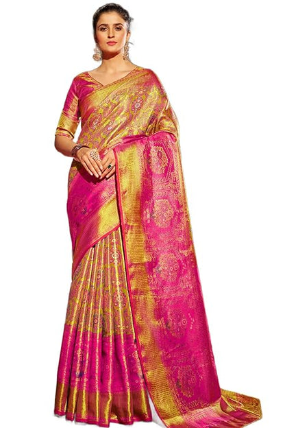 SWORNOF Women's kanjivaram banarasi silk saree for Patola festival Wedding silk with rich pallu Design sarees for women with blouse piece