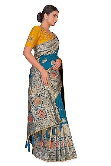 Women's Banarasi Silk Blend Woven Work Tussles Saree With Unsttiched Blouse Piece