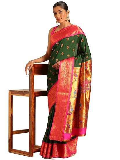 Silk Sarees Women's Kadiyal Soft Silk Pheshwai Nath Paithani Saree With Blouse Piece
