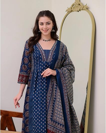 Women's Rayon Printed Anarkali Kurta and Pant with Dupatta Set