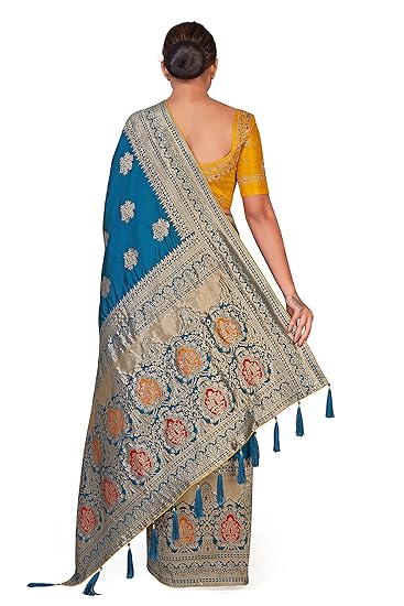 Women's Banarasi Silk Blend Woven Work Tussles Saree With Unsttiched Blouse Piece