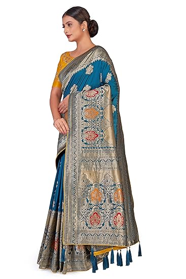 Women's Banarasi Silk Blend Woven Work Tussles Saree With Unsttiched Blouse Piece