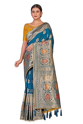 Women's Banarasi Silk Blend Woven Work Tussles Saree With Unsttiched Blouse Piece